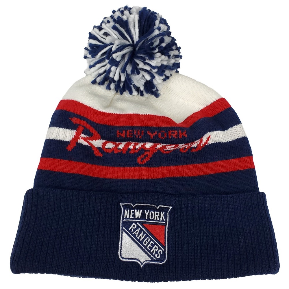 New York Rangers Mitchell & Ness NHL Cuff Knit Beanie Pom Hat Cap Navy Red New